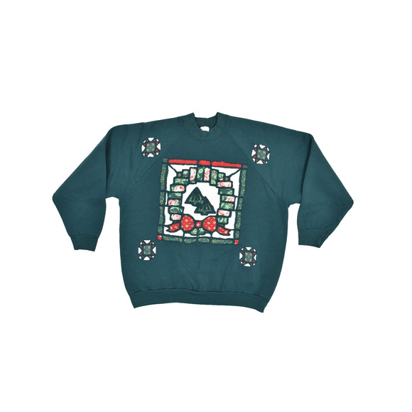 Vintage Fruit of the Loom Christmas Sweatshirt Plus Size XL Green W/ Stain - Picture 1 of 8
